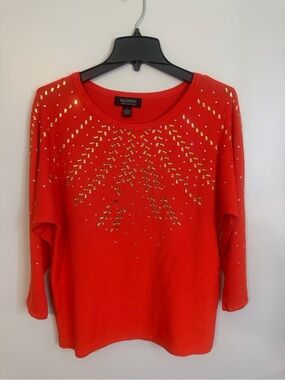 Madison Orange Sweater with Gold Stud Embellishments 3/4 sleeve Size Large
